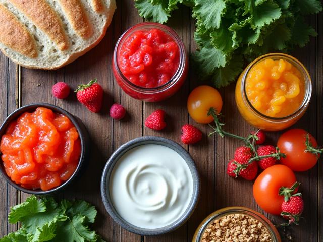 Una scena vibrante e ricca di verdure fermentate e probiotici su un tavolo di legno.