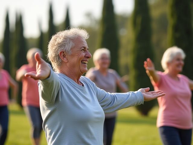 Un gruppo di persone anziane che praticano esercizi leggeri all'aperto circondati dalla natura toscana.