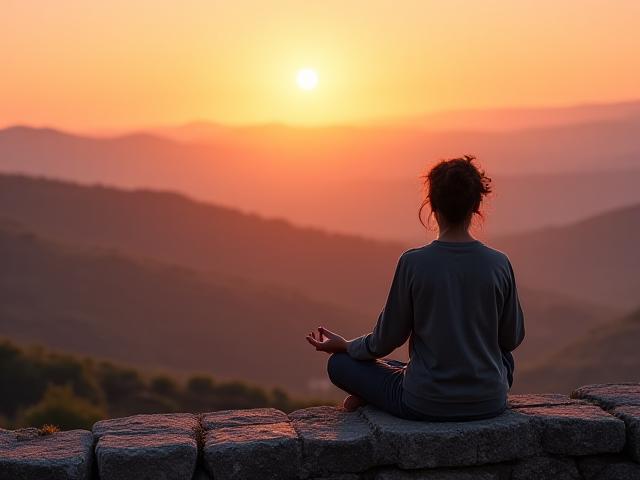 Una persona immersa in meditazione al tramonto, con sfondo di colline toscane.