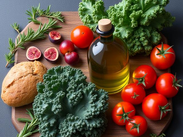 Cesto di prodotti freschi toscani come olio d'oliva, verdure e frutta.