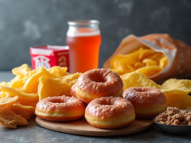 Cibi da evitare: un'immagine che mostra dolci glassati colorati, patatine fritte, bibite zuccherate e cibi ultra-processati, con un'atmosfera che suggerisce eccesso e scarsa nutrizione.
