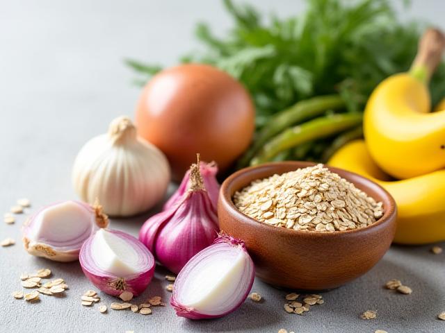 Cibi prebiotici: una composizione di aglio, cipolle, asparagi verdi, banane gialle mature e fiocchi d'avena, ingredienti freschi e naturali.