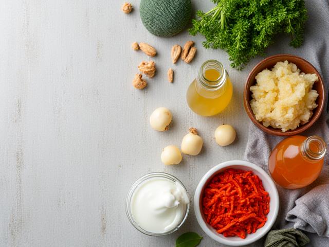 Cibi probiotici: vasi di yogurt naturale, kefir in una caraffa, kimchi in una ciotola, crauti in un barattolo e una bottiglia di kombucha, tutti disposti in modo appetitoso.