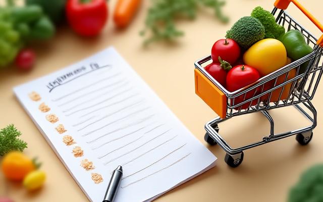 Una lista della spesa stilizzata su un bloc-notes con una penna, affiancata da un carrello virtuale riempito di verdure fresche, frutta e alimenti sani, con enfasi su chiarezza e organizzazione.