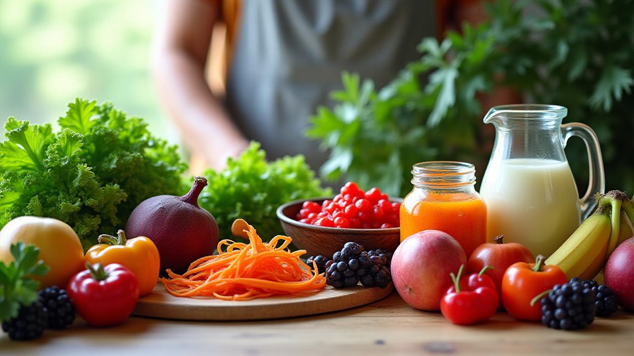 Varietà di verdure colorate fresche, frutta e cibi fermentati come kimchi e kefir, disposti armoniosamente su un tavolo di legno chiaro, con luce naturale che esalta i colori vivaci.