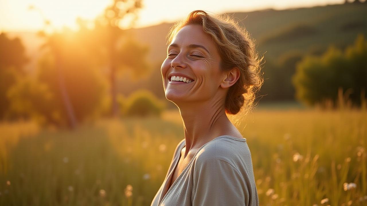 Donna di 40-50 anni con occhi chiusi e un sorriso sereno, in un prato illuminato dal sole del mattino, che pratica mindfulness.