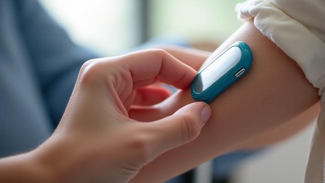 Persona anziana che controlla un dispositivo per il monitoraggio continuo del glucosio (CGM) sul suo braccio. Immagine pulita e scientifica.