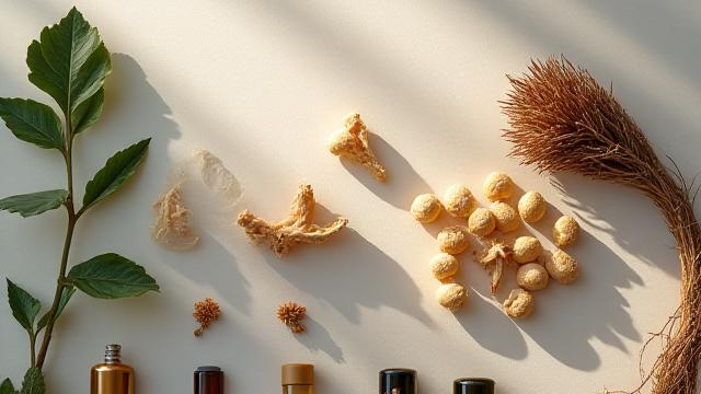 Delle erbe secche e capsule naturali disposte elegantemente su un tavolo, con una leggera nebbia per creare un'atmosfera quasi magica.