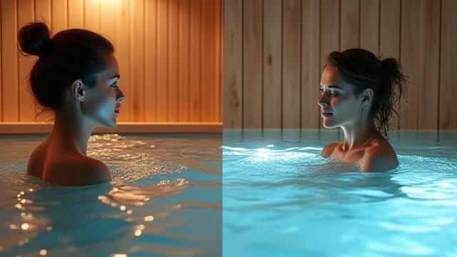 Immagine divisa a metà: un lato mostra il vapore di una sauna e l'altro una persona che si immerge in acqua fredda, creando un contrasto visivo.