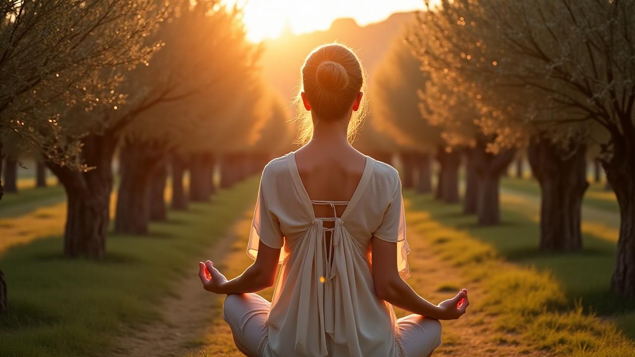 Una donna serena che pratica yoga all'alba in un campo di ulivi toscano.