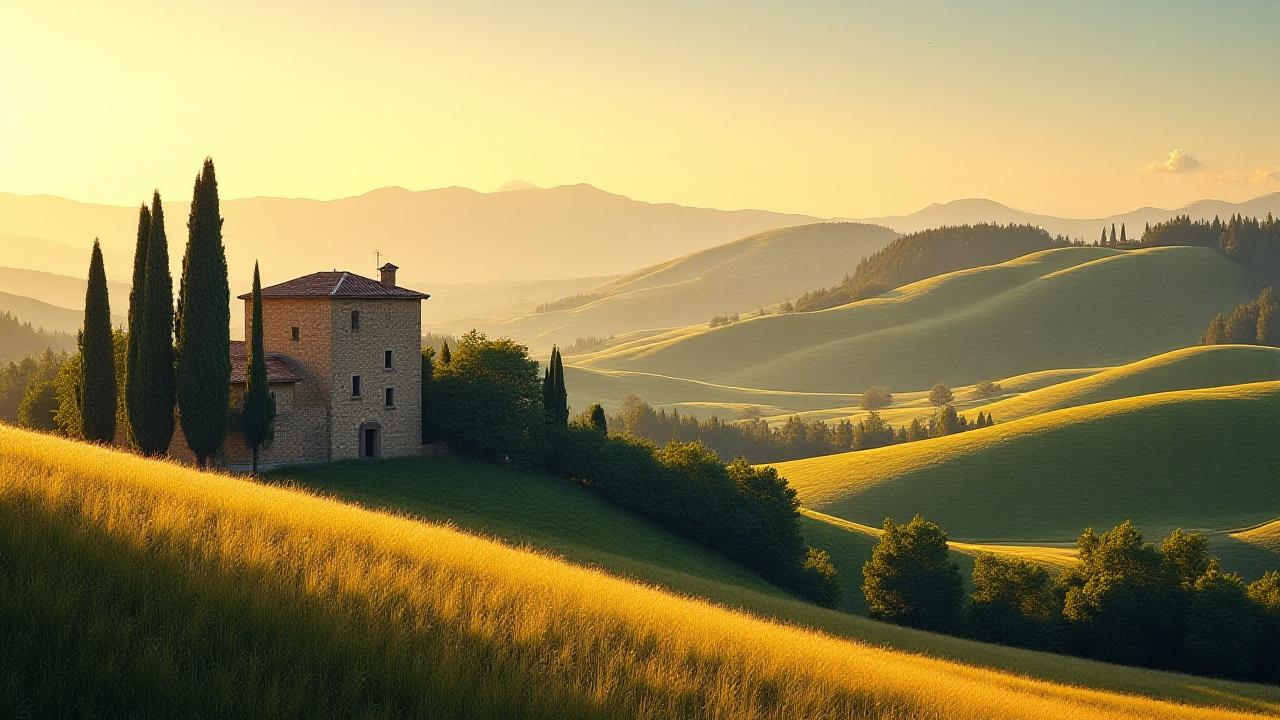 Panorama delle colline toscane con un borgo antico al tramonto, simbolo di armonia e benessere.