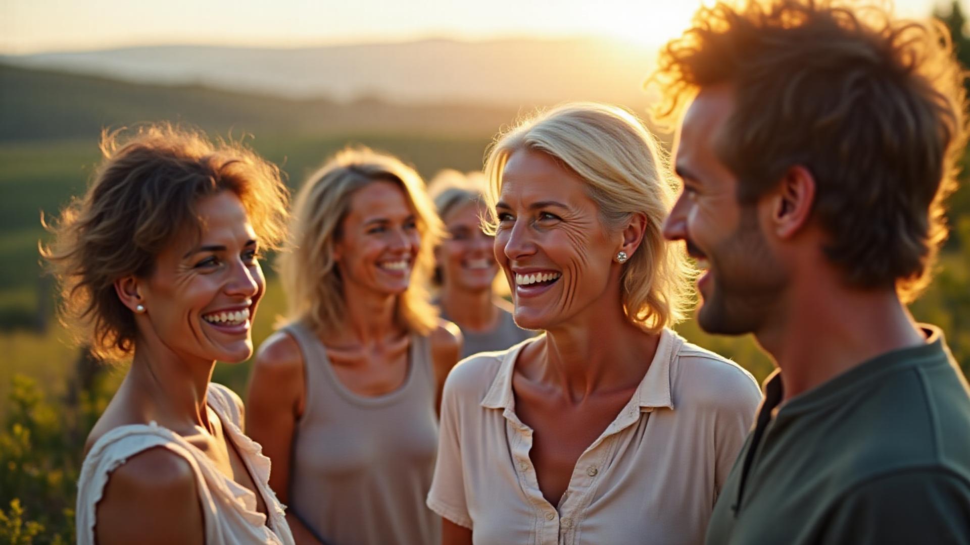Gruppo di persone sorridenti, di età diverse, che interagiscono positivamente all'aperto, in un contesto toscano