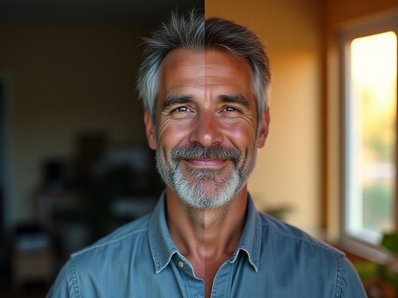 Un uomo sorridente, Andrea, di circa 45 anni, prima e dopo.