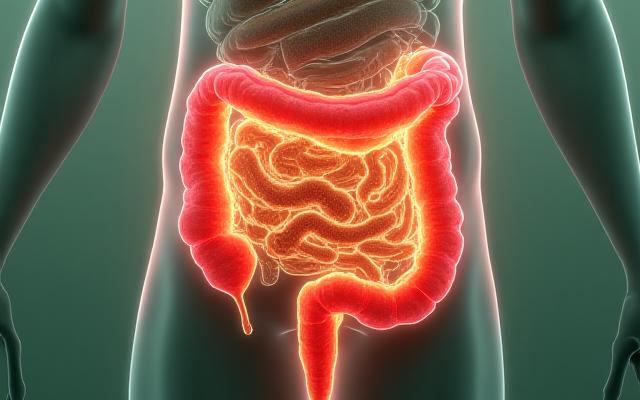 Illustrazione schematica del sistema digestivo umano con microbiota intestinale in evidenza