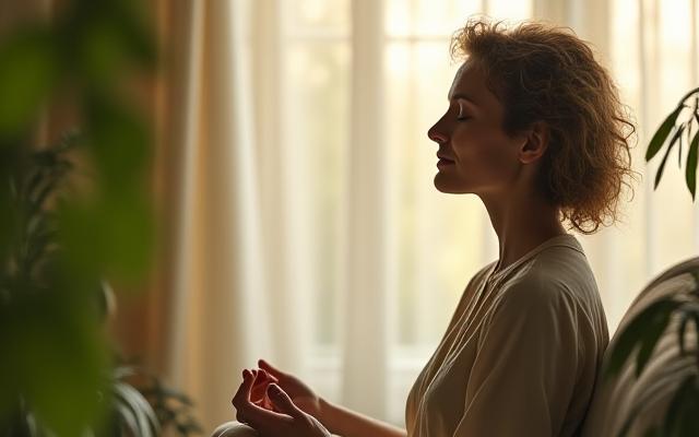 Persona in meditazione, con foglie verdi e luce solare soffusa, che evoca calma
