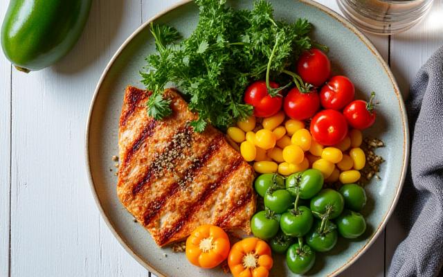 Piatto colorato e bilanciato di cibo sano, verdure fresche e proteine