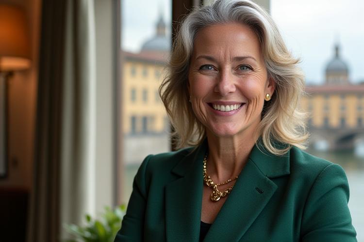 Team fondatore di Vita Mastro sorridente in un ufficio elegante a Firenze, con vista su Duomo