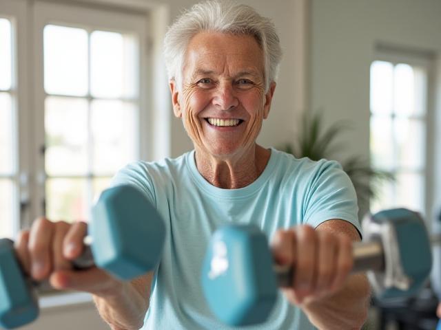 Anziano che solleva pesi leggeri con un sorriso, in un ambiente luminoso
