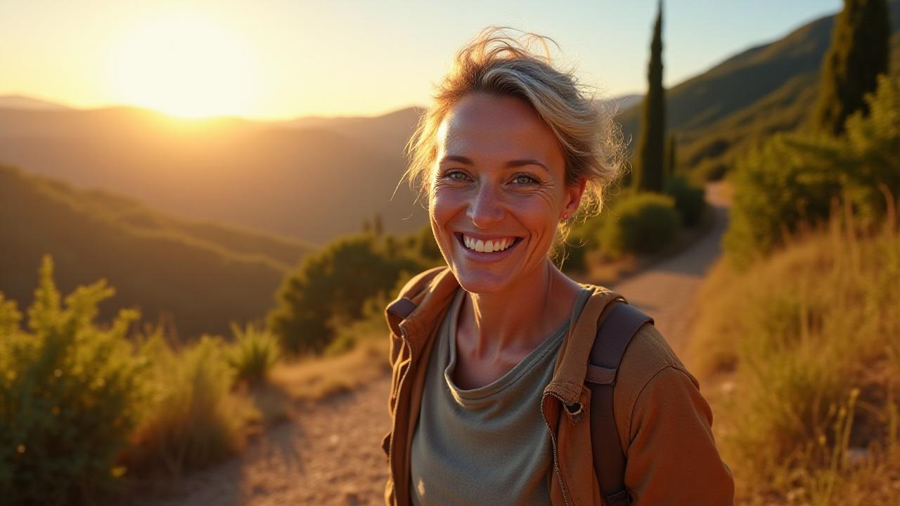 Donna matura che fa trekking in natura, sorridente e piena di vitalità