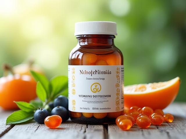 Flacone di integratore multivitaminico di alta qualità su un tavolo di legno.