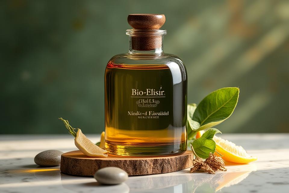 Flacone elegante del Bio-Elisir della Mastro, con ingredienti naturali visibili, su una superficie in marmo toscano.