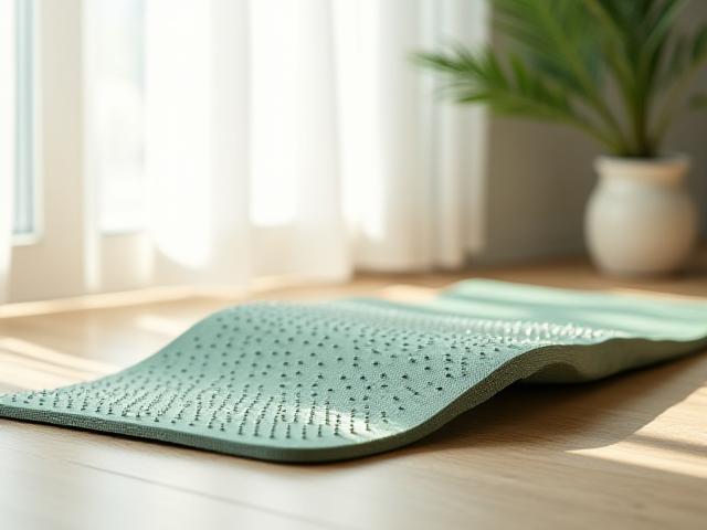 Tappetino per agopressione di colore naturale su una superficie di legno.